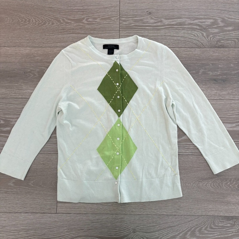 Express Womens White Argyle Print Cotton Cashmere Cotton Blend Cardigan Size L